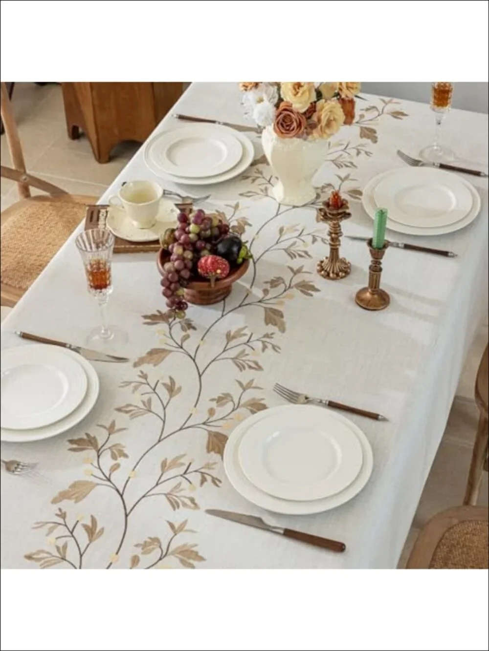 Waterproof Linen Blend Tablecloth Beige Rustic Embroidery Rectangle 55x86
